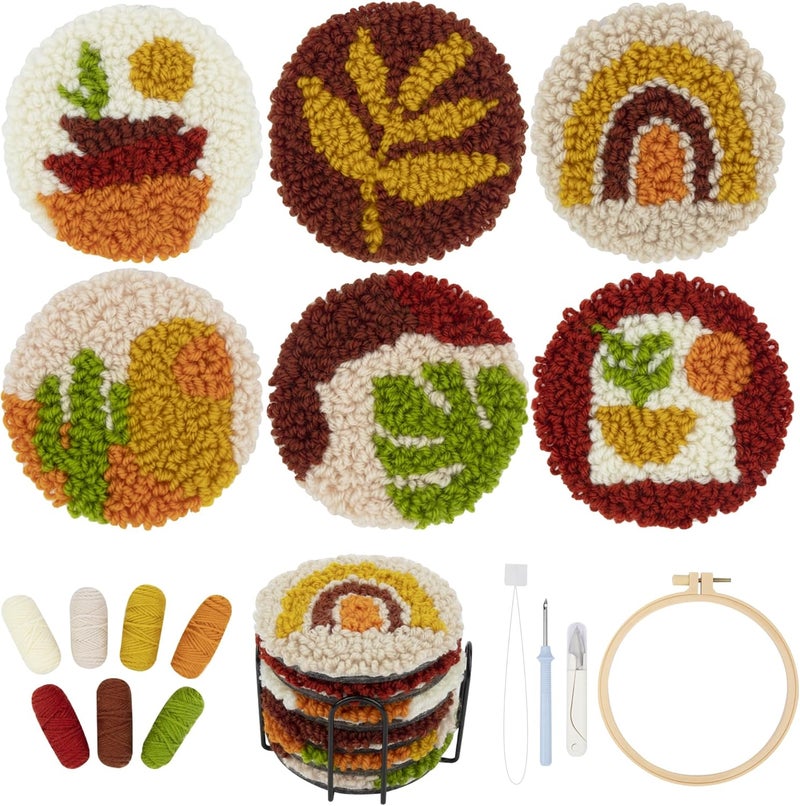 Temlum Punch Needle Coasters Kit, Punch Needle Embroidery Kit for Beginners and Adults Including Patterns, Tools, Yarns, Hoop, Instruction, Coaster Holder Coaster Art Craft Supplies (Plants) - Image 1